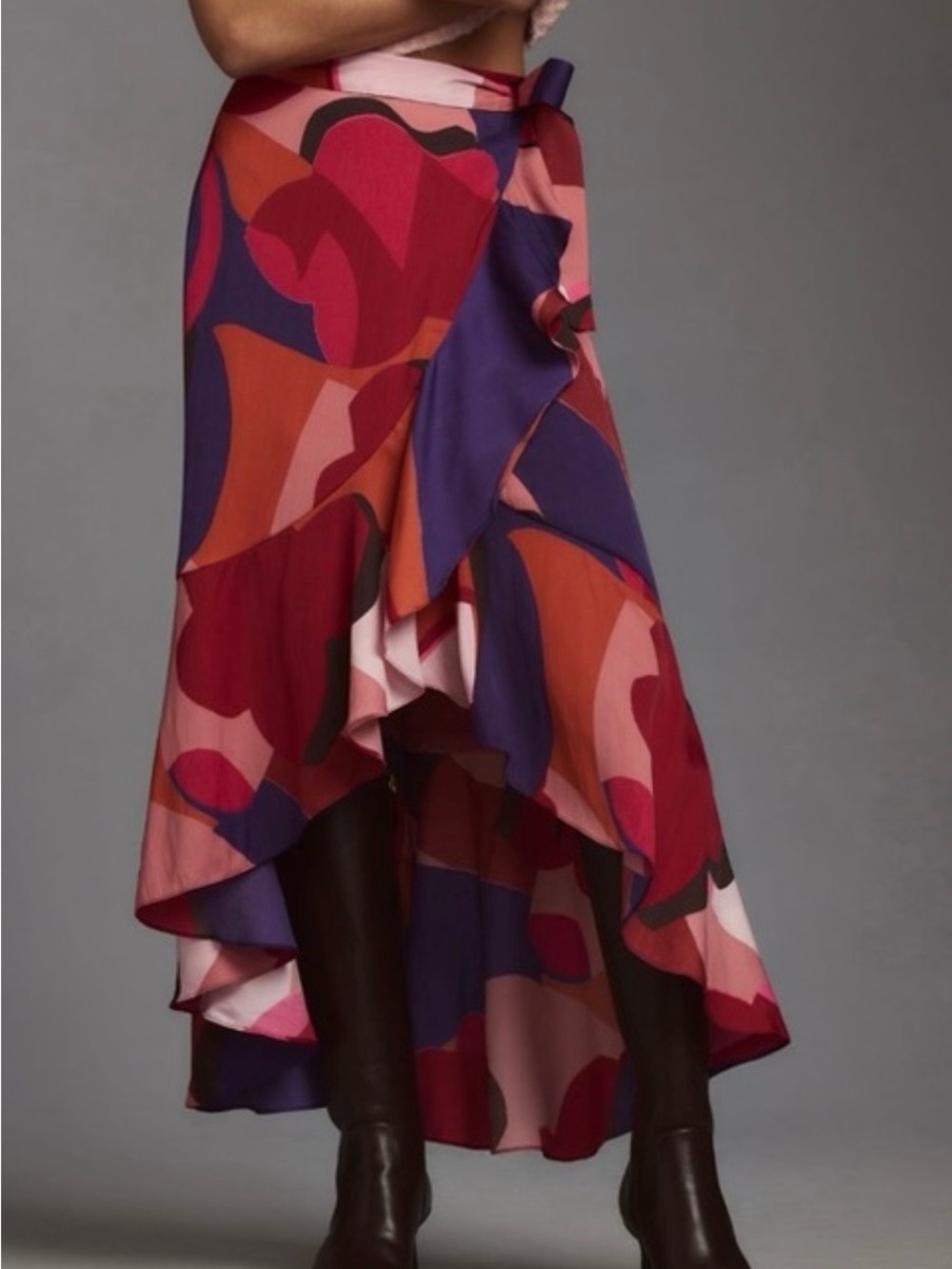 Maeve by Anthropologie Multicolor Abstract Satin High-Low Ruffle Wrap Midi Skirt